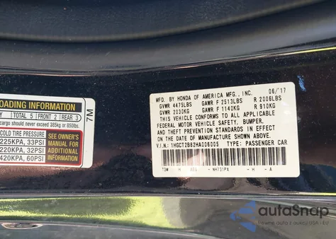 2017 Honda Accord Ex-L V6 from USA, damaged, VIN 1HGCT2B82HA006005